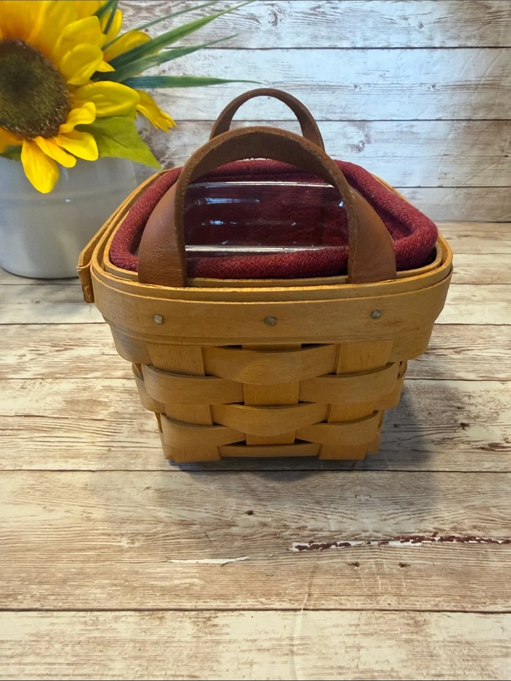 Longaberger Woven Tea Basket 10740 Red Liner and Clear Protector Insert